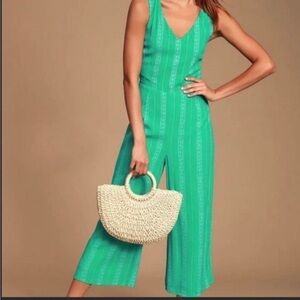Lulus Alava Green Striped Sleeveless Tie Back Culotte Jumpsuit size XSmall